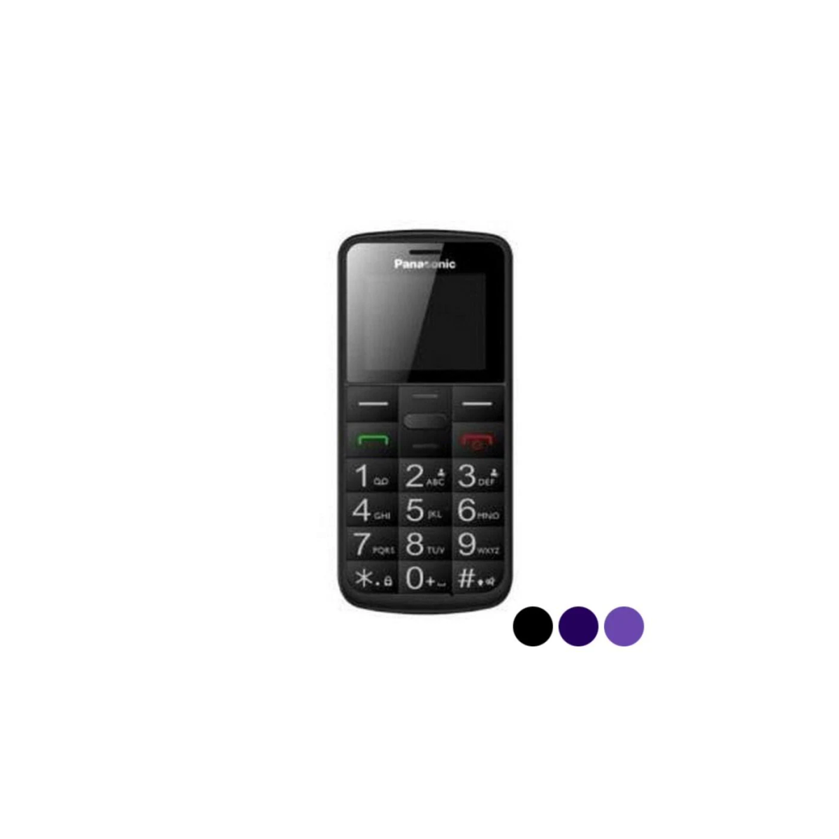 Ein schwarzes Panasonic Klapphandy mit Zifferntasten. Es gibt drei Farbfelder darunter: Schwarz, Lila und Blau.