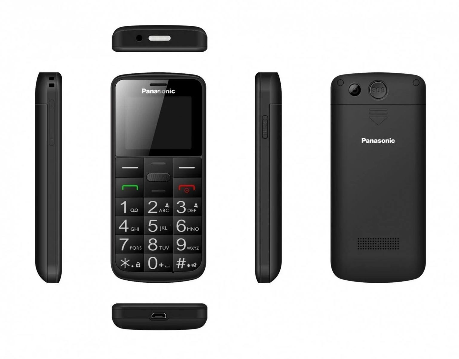 Schwarzes Panasonic-Mobiltelefon aus verschiedenen Blickwinkeln gezeigt.