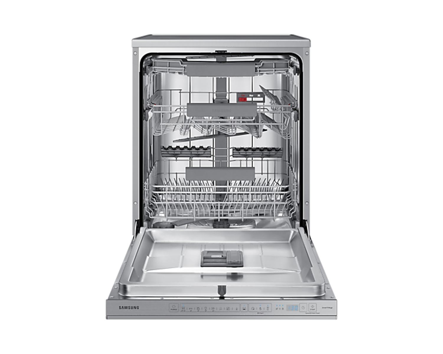 Zmywarka Samsung, drzwi otwarte, wnętrze z półkami i uchwytami na sztućce.