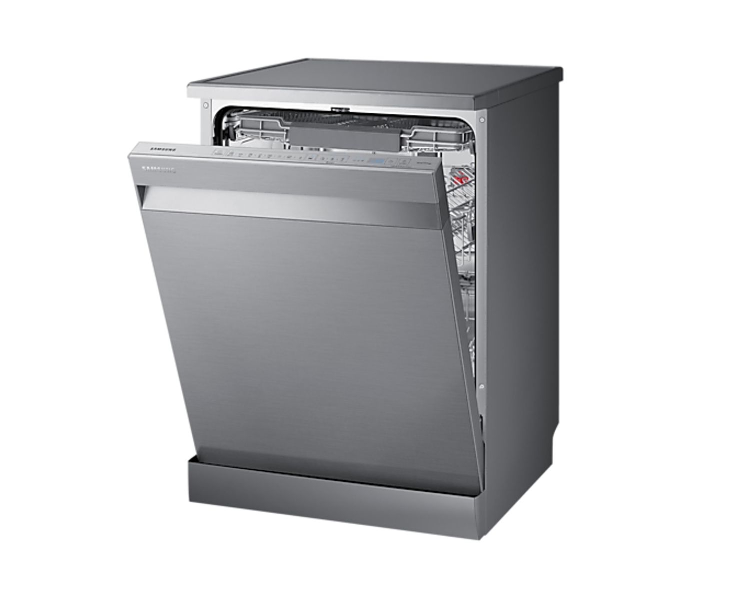 Srebrna zmywarka z otwartymi drzwiami, pokazująca wnętrze i elementy sterujące.