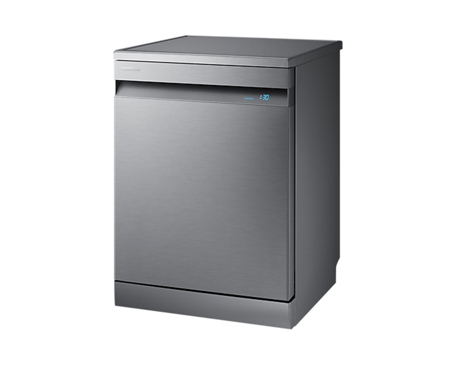 Srebrna zmywarka. Przód ma uchwyt i wyświetlacz.