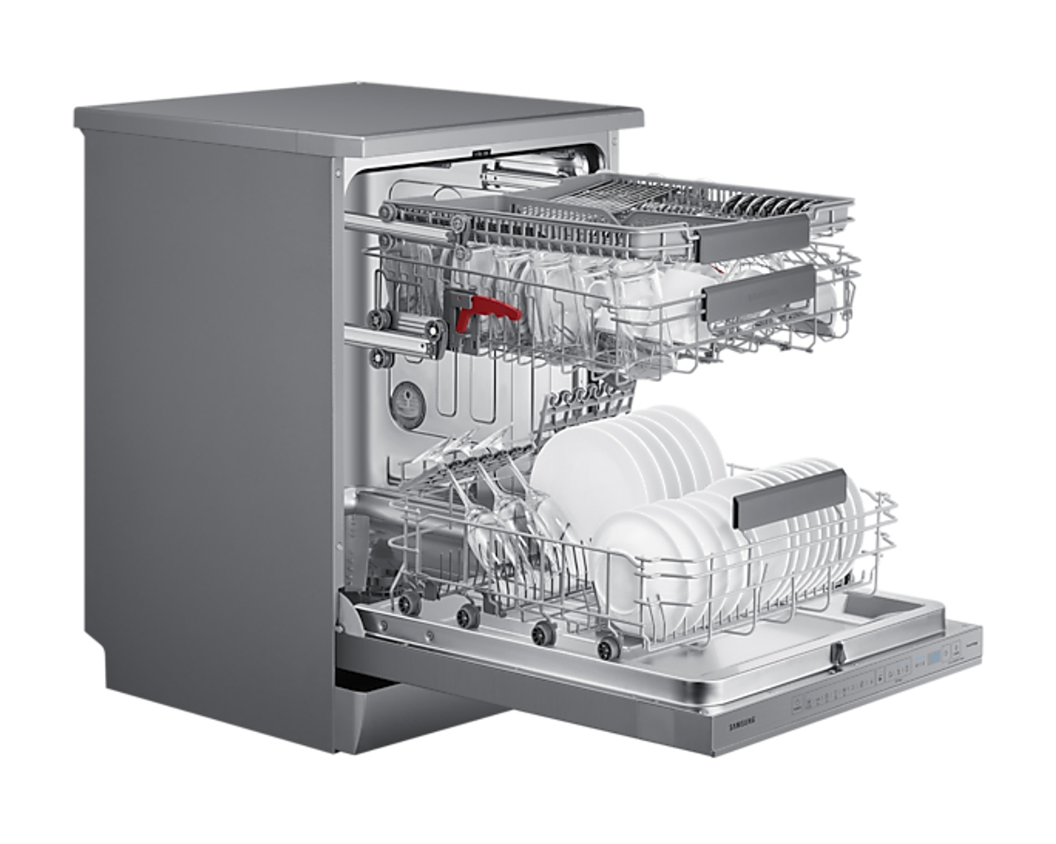 Srebrna zmywarka z panelem sterowania pokazującym czerwony wyświetlacz i przyciski sterowania.