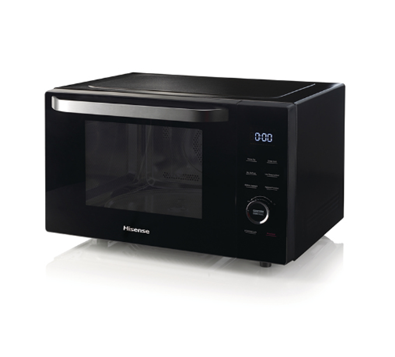 Czarny piekarnik mikrofalowy Hisense z zegarem cyfrowym i panelem sterowania. Umieszczony na białej powierzchni.