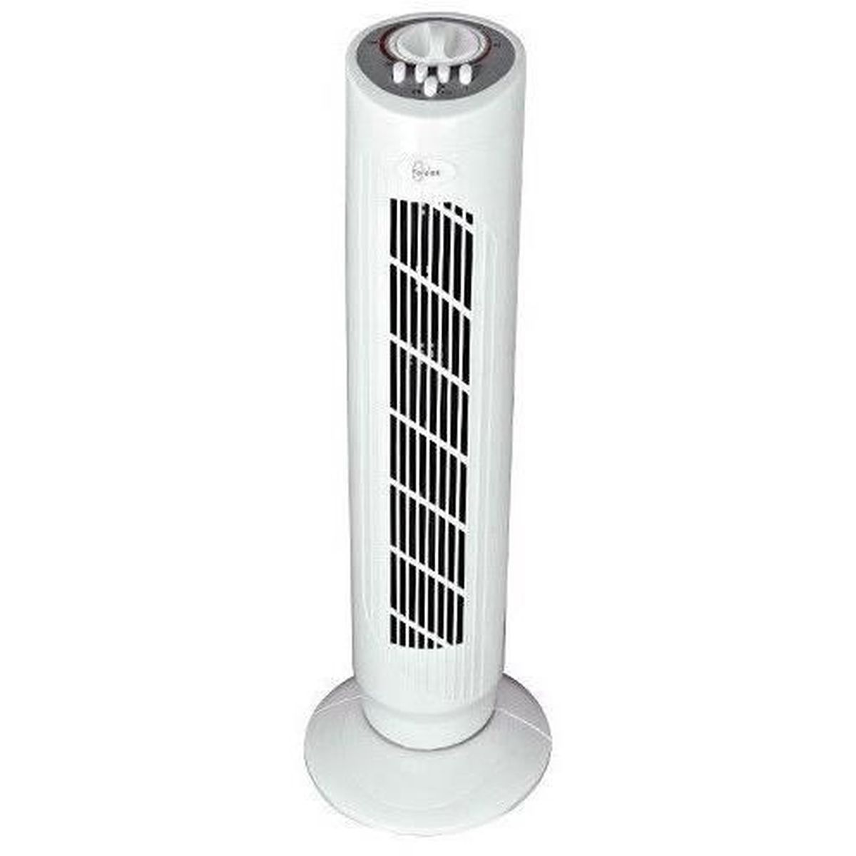 Ventilador de torre blanco con rejillas negras sobre una base blanca. El ventilador es alto y delgado.