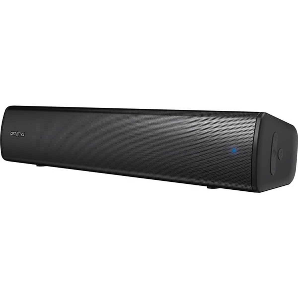 Eine schwarze Soundbar mit Mesh-Front und blauem Licht an der Seite.