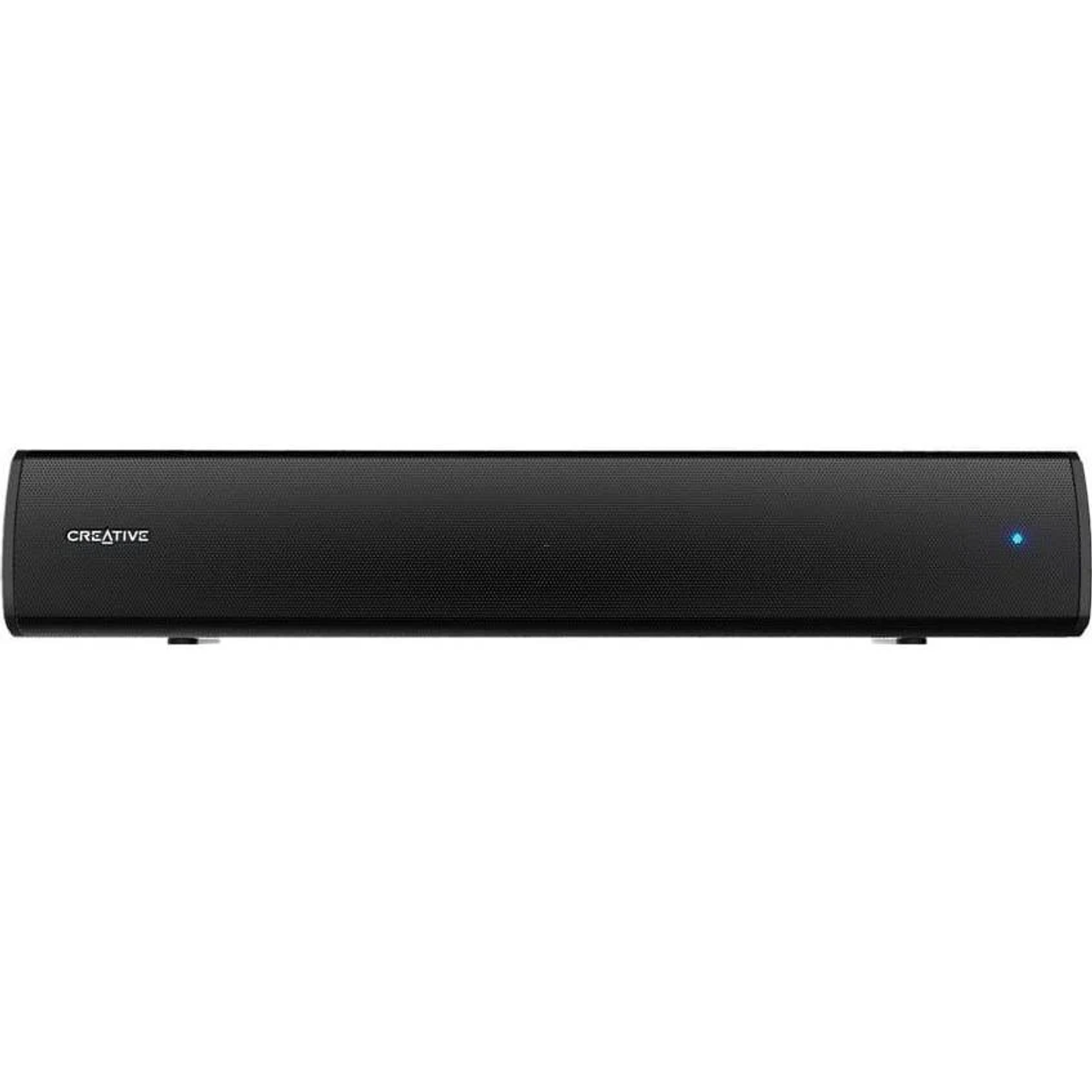 Schwarze Soundbar. Marke Creative. Kleines blaues Licht auf der rechten Seite. Weißer Hintergrund.