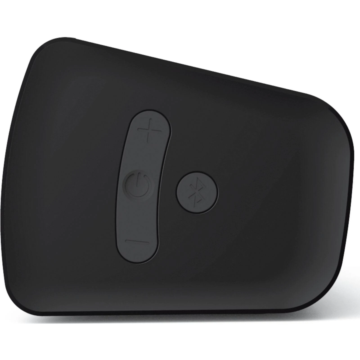 Schwarze Soundbar mit Strom-, Lautstärke- und Bluetooth-Tasten.