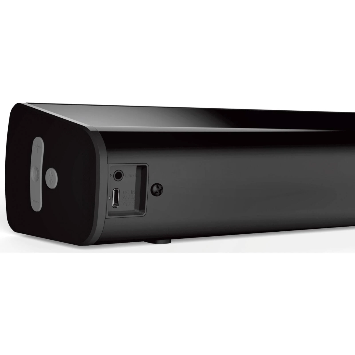 Schwarze Soundbar mit Anschlüssen und Knöpfen, auf weißem Hintergrund.