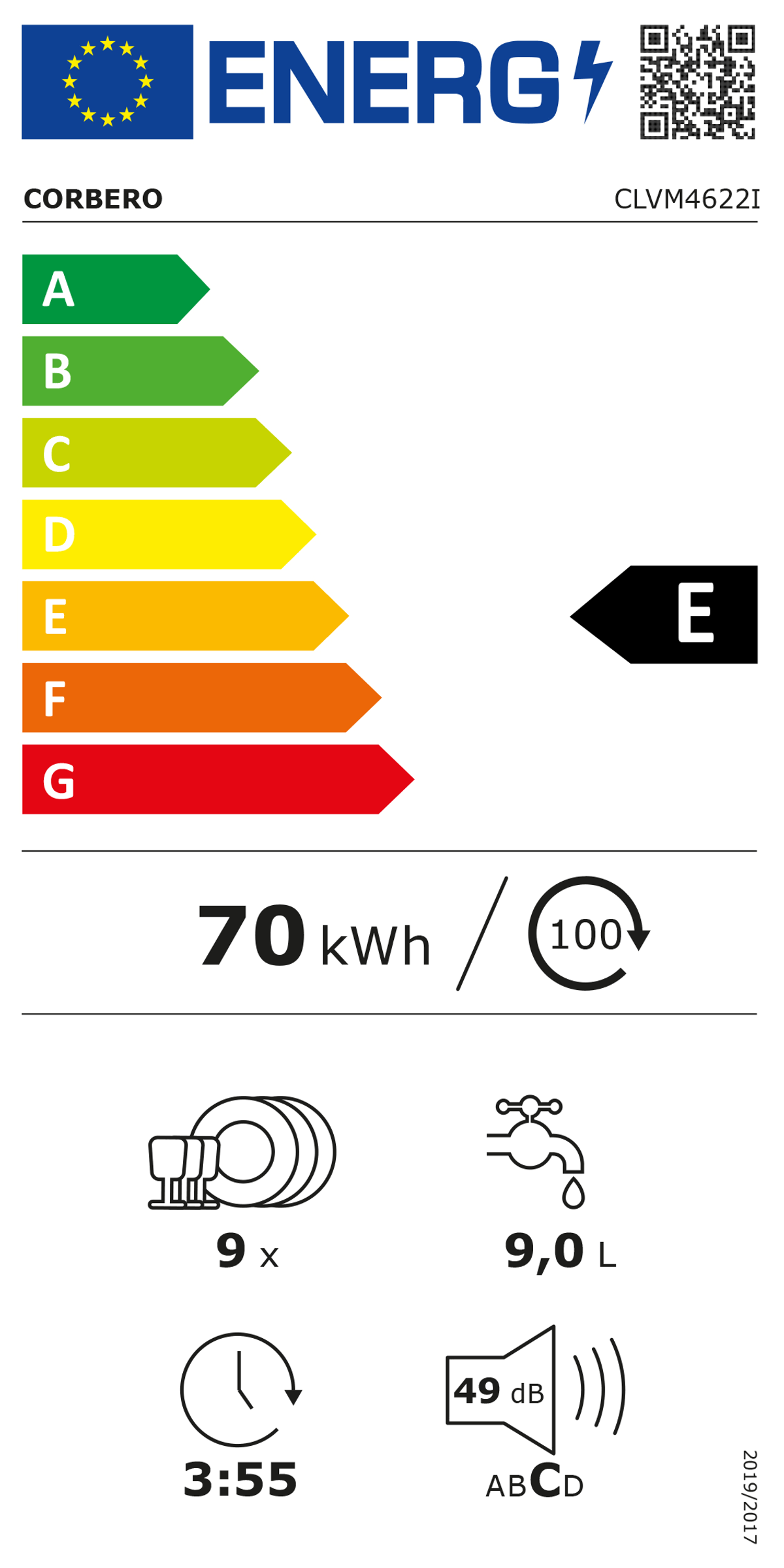 Etiqueta energética para un lavavajillas CORBERO, con clasificación E. Muestra consumo de energía y agua.