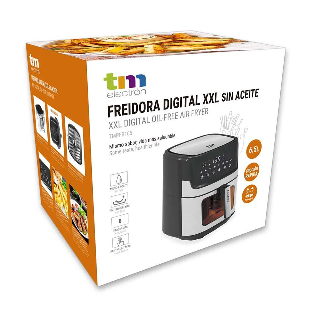 Freidora de aire en caja con imagen del producto, texto e ilustraciones de alimentos.