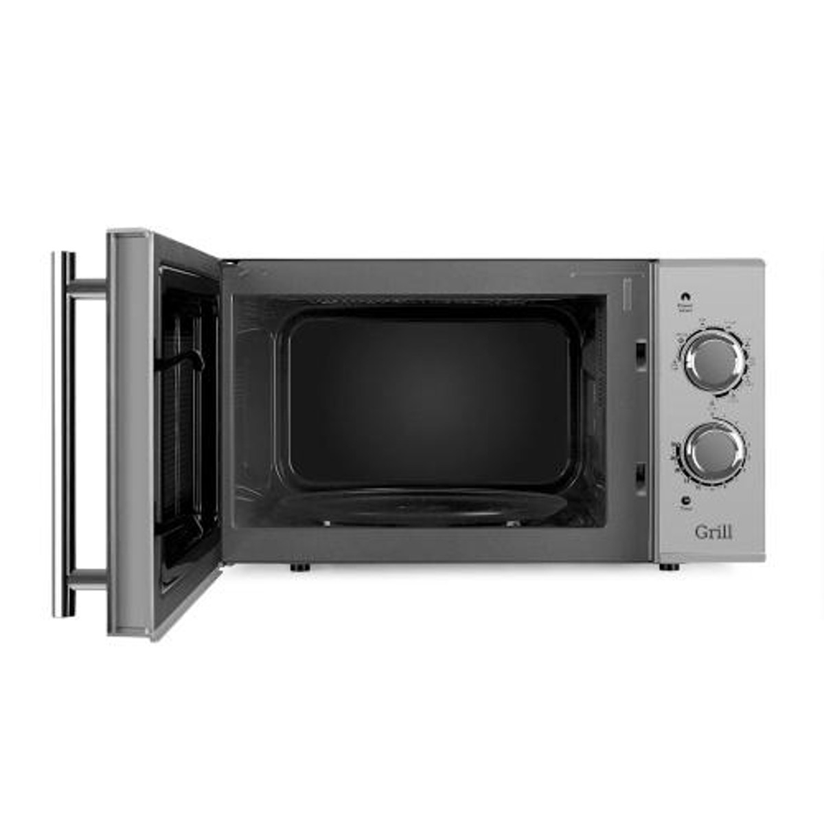 Un horno microondas con la puerta abierta. Es plateado con un panel de control en el lado derecho.