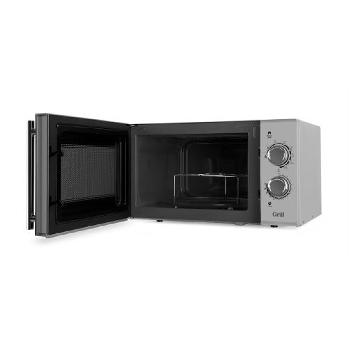 Horno microondas con la puerta abierta. El interior es negro. Perillas de control a la derecha.