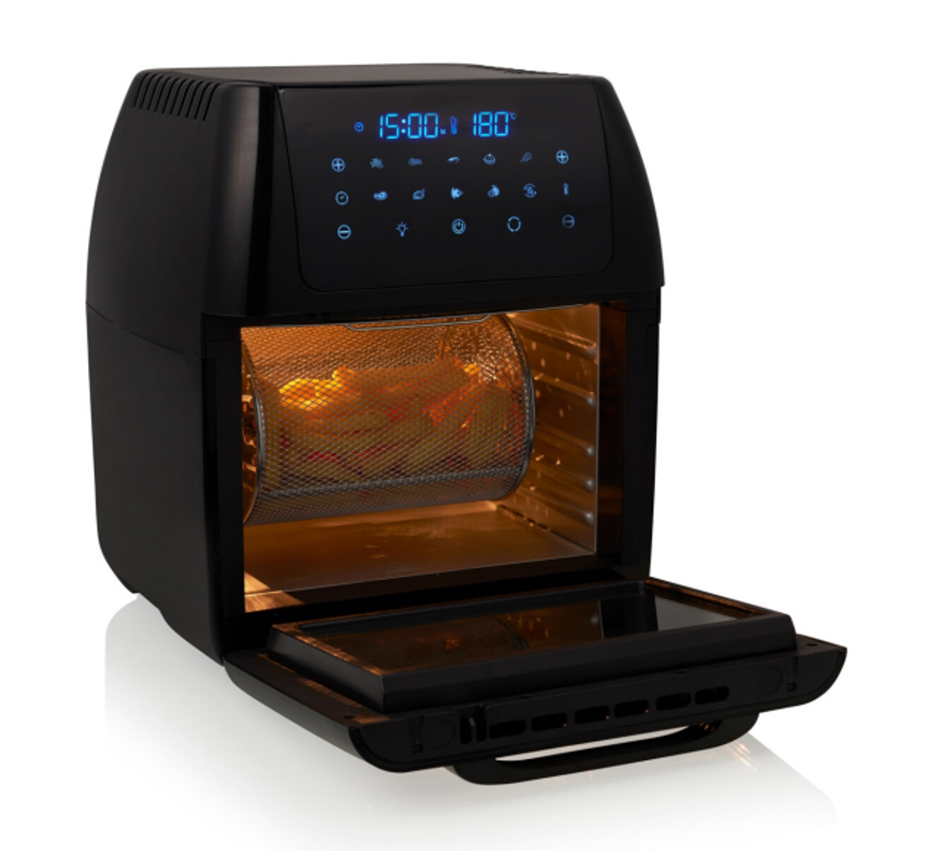 Friggitrice ad aria nera con porta aperta, che mostra il cibo all'interno.