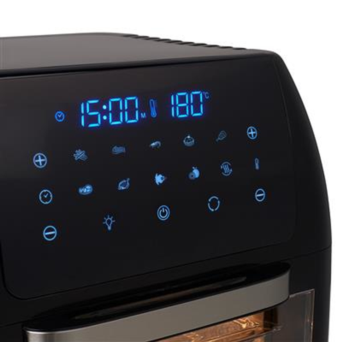 Display nero di friggitrice ad aria con 15:00 e 180 gradi. Pulsanti per varie modalità.