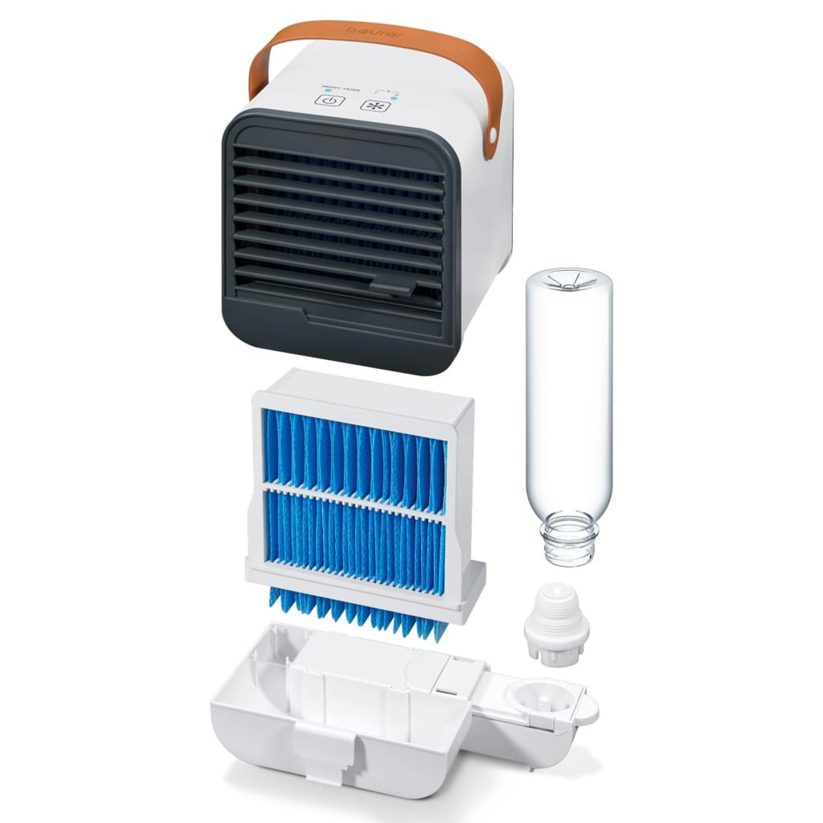Enfriador de aire portátil blanco y gris con piezas desmontadas: filtro, botella de agua y base.