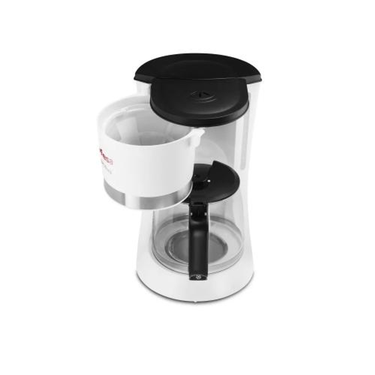 Biało-czarny ekspres do kawy z wyjmowanym koszem filtrującym i czarnym uchwytem.