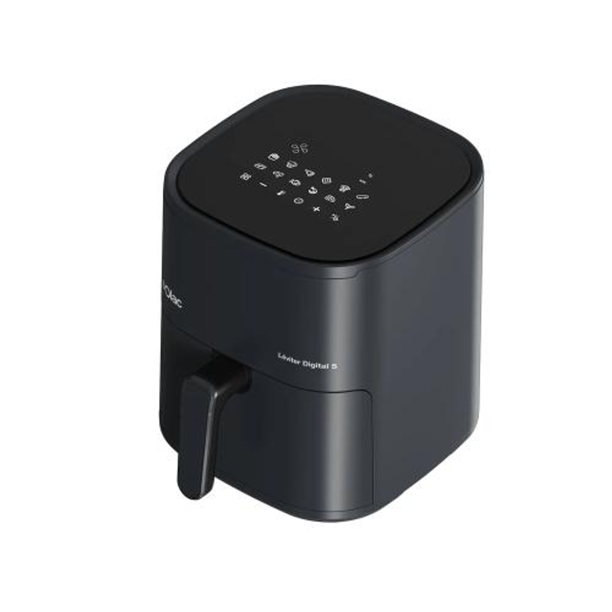 Czarna frytkownica powietrzna z wyświetlaczem cyfrowym. Uchwyt po lewej stronie. Widok z góry.