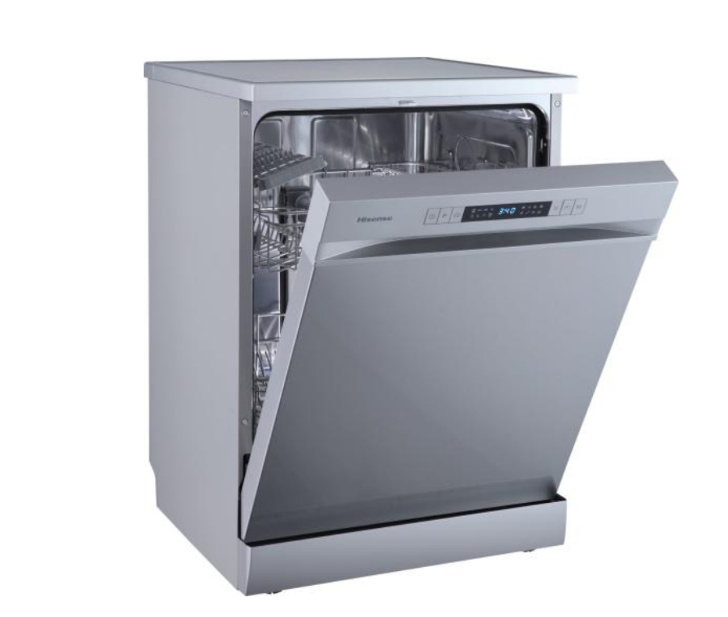 Srebrna zmywarka Hisense z otwartymi drzwiami, pokazująca wnętrze i panel sterowania.