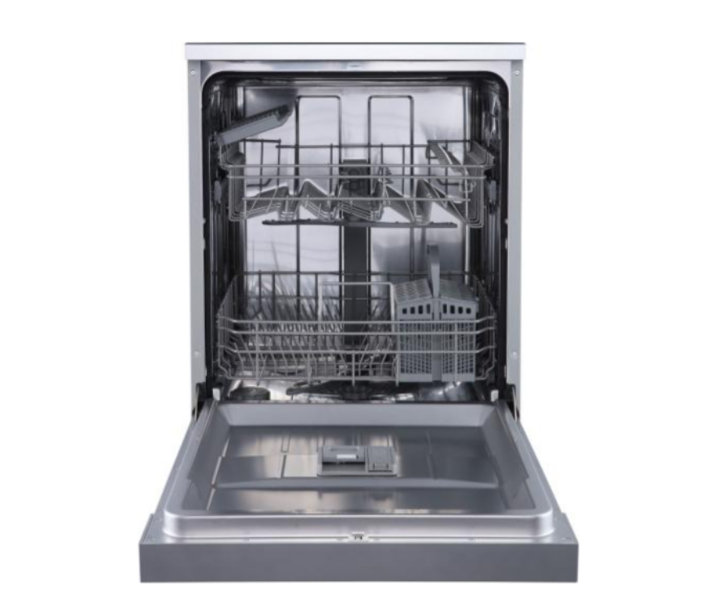 Wnętrze zmywarki, otwarte. Widoczne kosze i ramiona natryskowe. Białe tło.