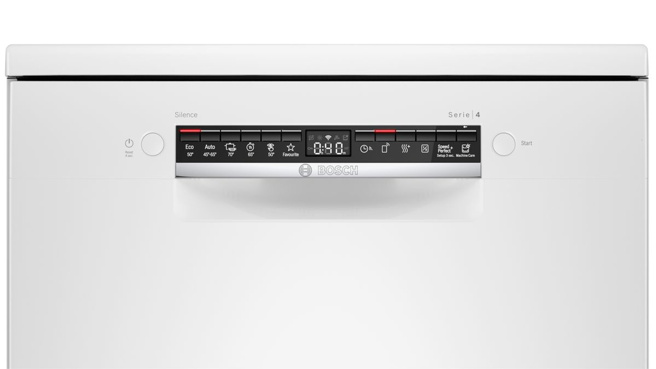 Panel de control de lavavajillas Bosch blanco con botones y una pantalla digital que muestra la hora.