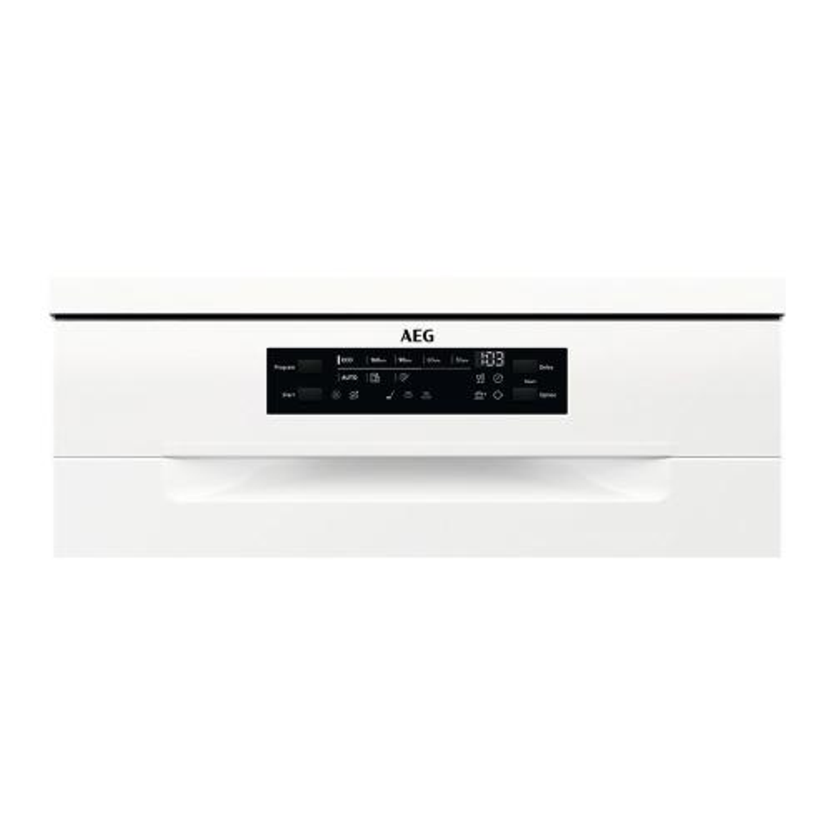 Un lavavajillas blanco con un panel de control con iconos y una pantalla.