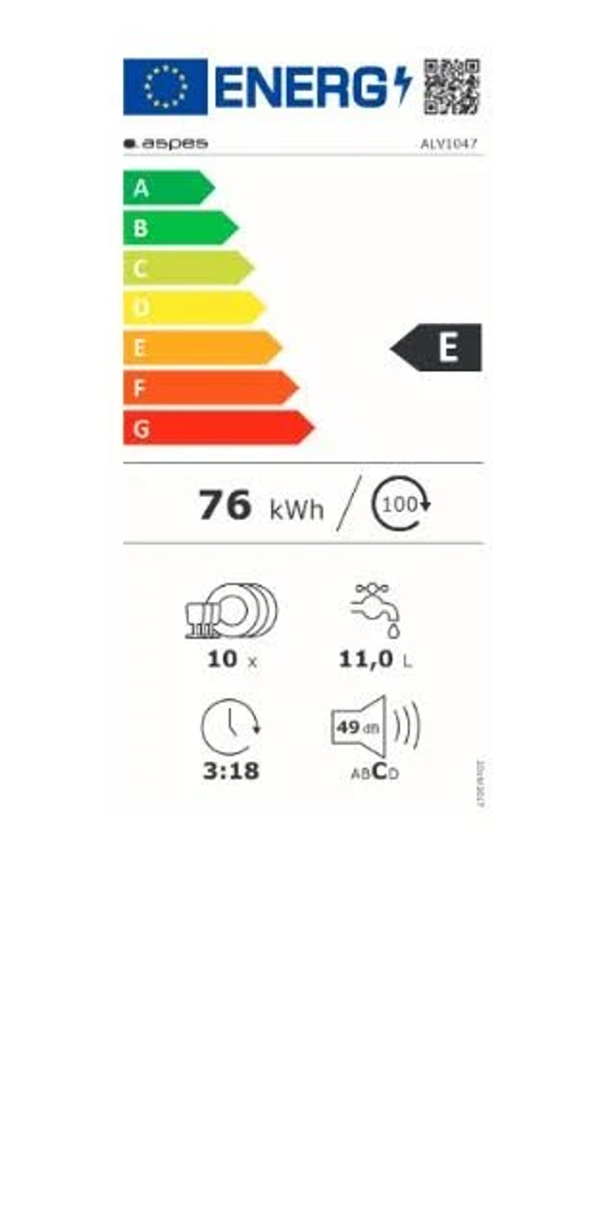 Etiqueta energética de lavavajillas, mostrando clase E de eficiencia energética.