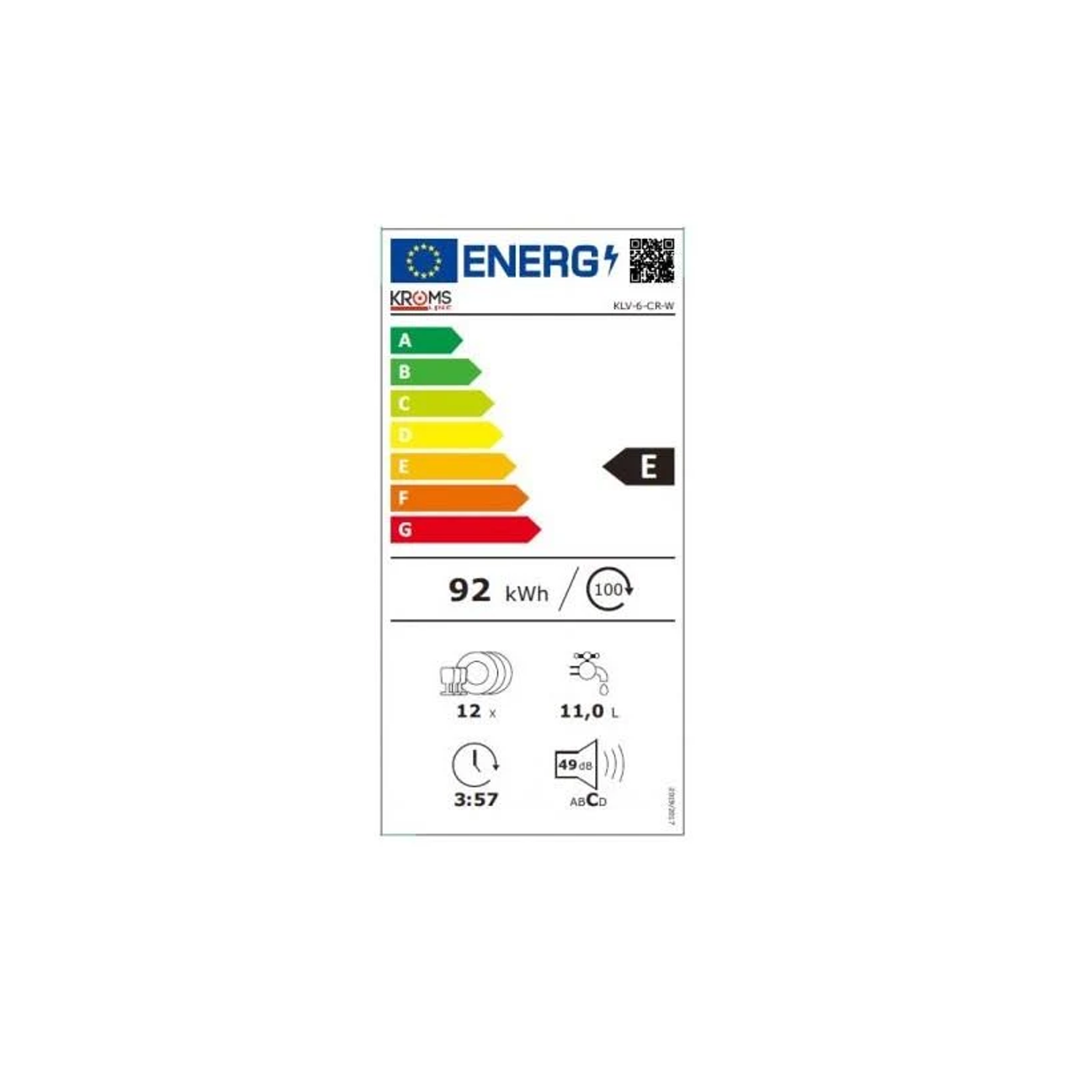 Etiqueta energética lavavajillas, información sobre consumo y características.