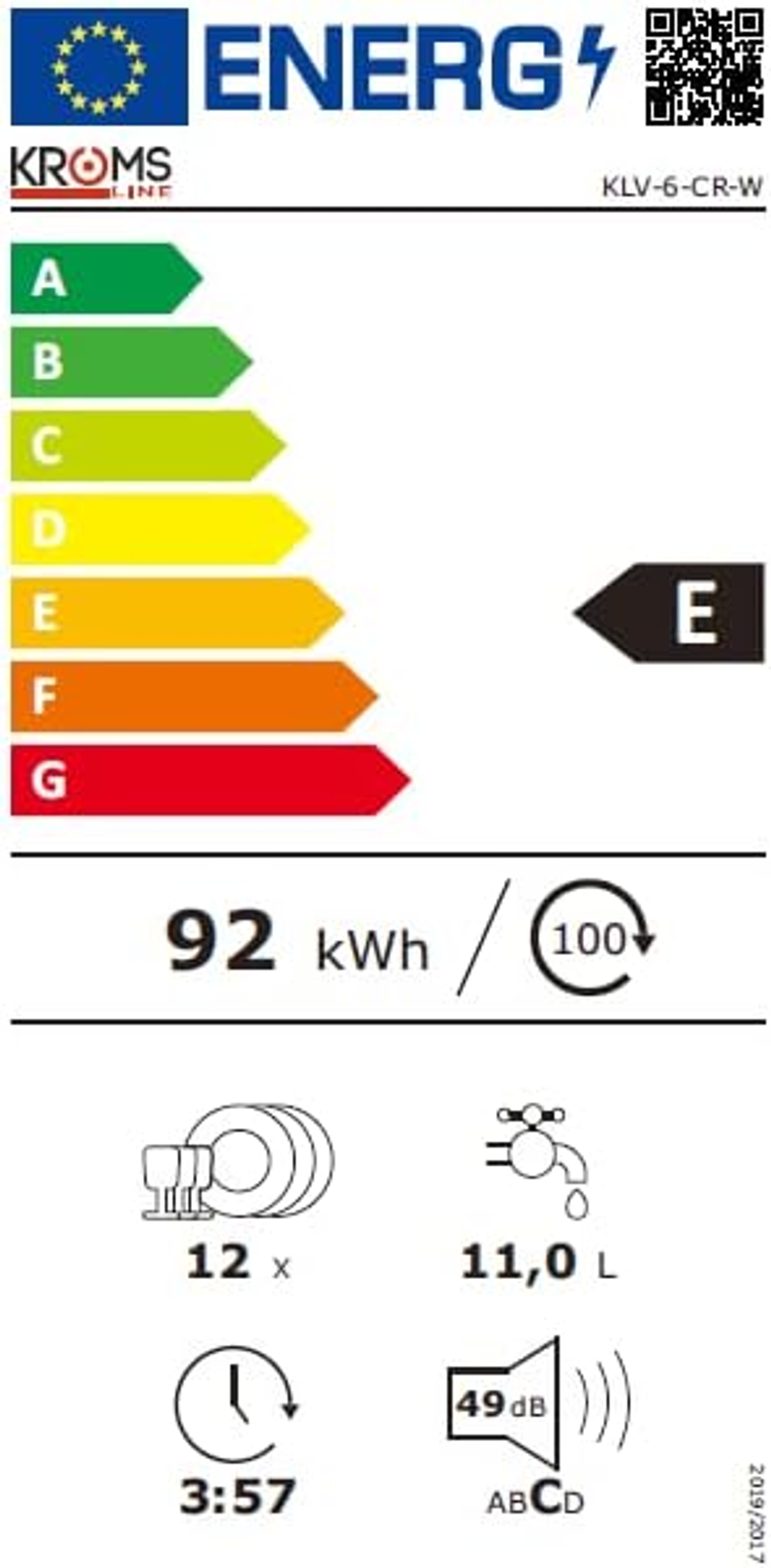 Etiqueta energética para un lavavajillas. Muestra la clase de eficiencia energética E y otros detalles técnicos.
