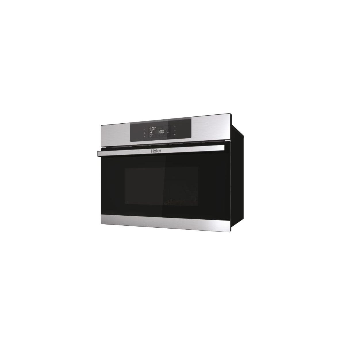 Wbudowana kuchenka mikrofalowa Haier z wykończeniem ze stali nierdzewnej. Czarne szklane drzwi i wyświetlacz cyfrowy.
