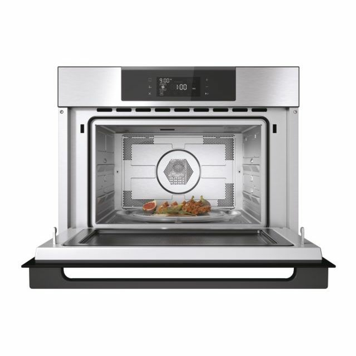 Wbudowana srebrna kuchenka mikrofalowa z otwartymi drzwiami, jedzeniem w środku i wyświetlaczem.