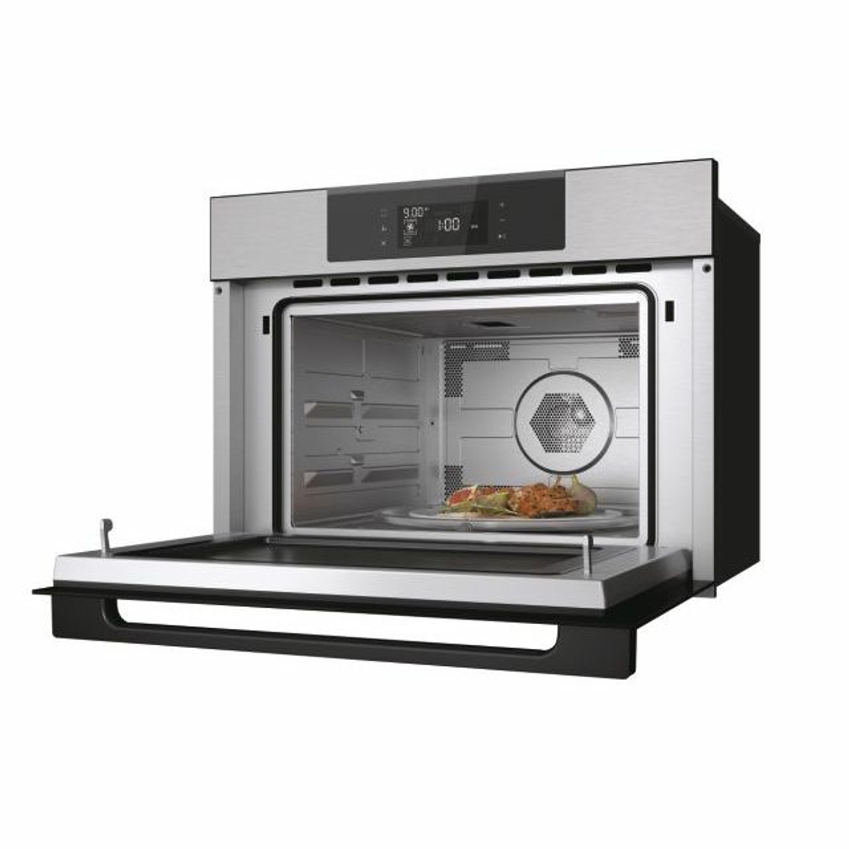 Kuchenka mikrofalowa z otwartymi drzwiami, widocznym wnętrzem i talerzem z jedzeniem.