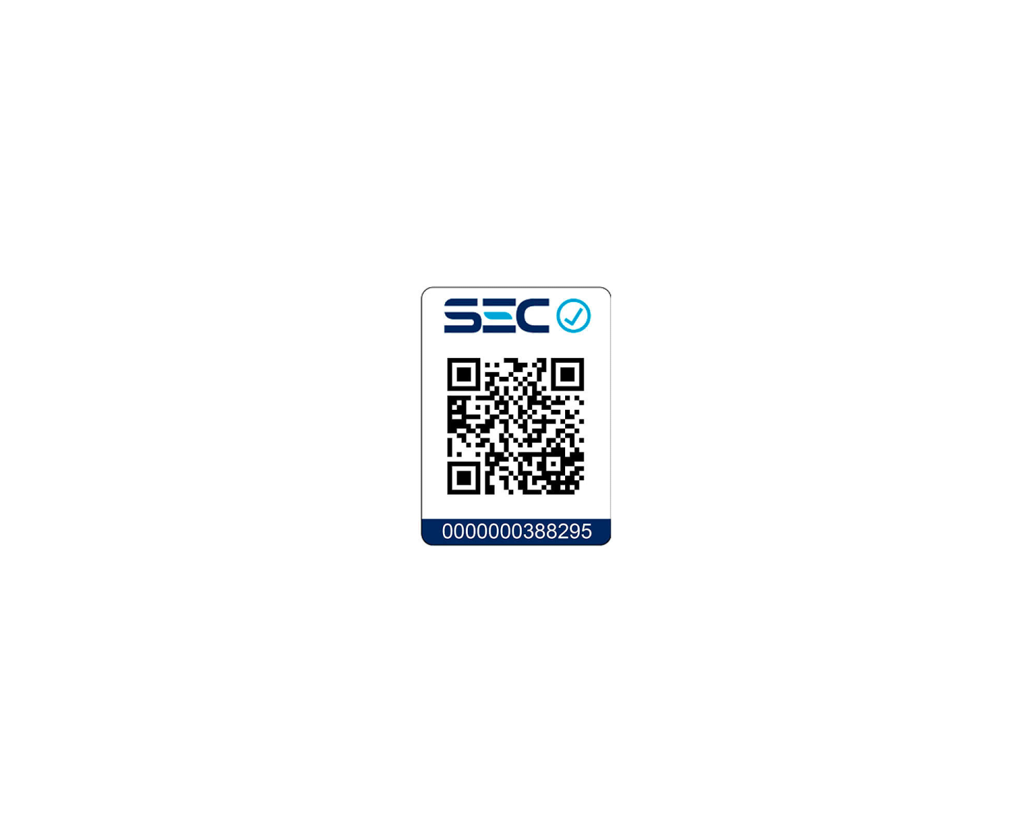 SEC logosu ve seri numarası olan bir QR kodu etiketi, beyaz zemin üzerinde.