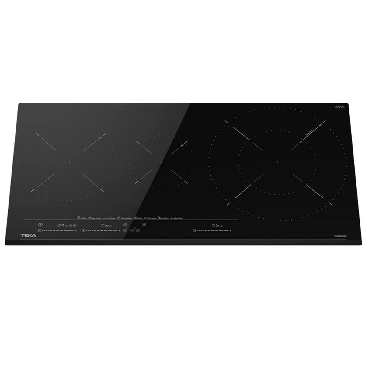 Czarna płyta indukcyjna. Posiada strefy gotowania i sterowanie dotykowe. Gładka powierzchnia.