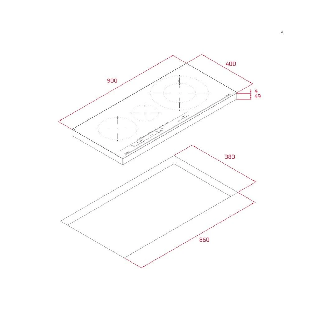 Widok z góry na płytę grzewczą z trzema palnikami i wymiarami oznaczonymi na czerwono.