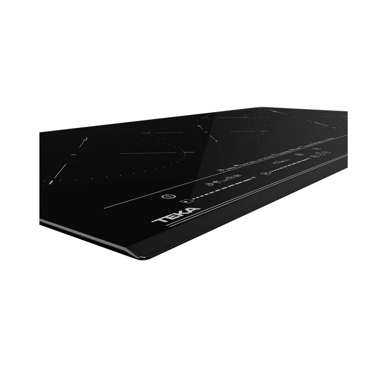 Czarna płyta grzewcza z logo TEKA, wykonana ze szkła. Posiada sterowanie dotykowe dla różnych stref gotowania.
