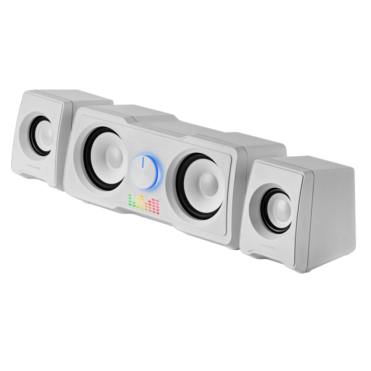 Un conjunto de altavoces blancos con una unidad central que muestra una luz azul y un ecualizador.