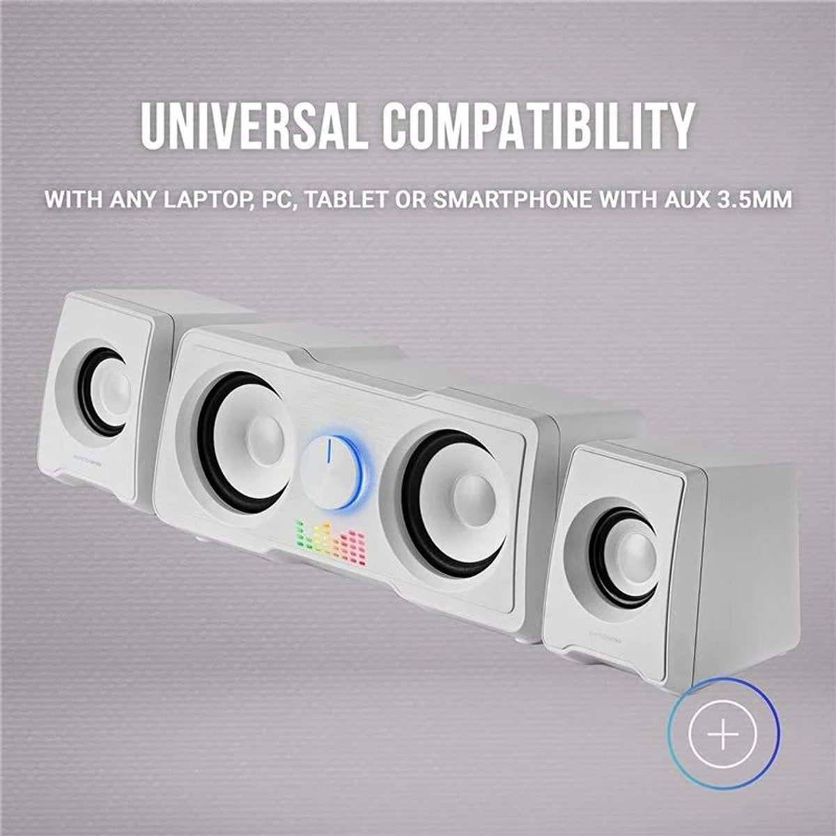 Altavoces de computadora blancos con barra de luz central y compatibilidad universal.