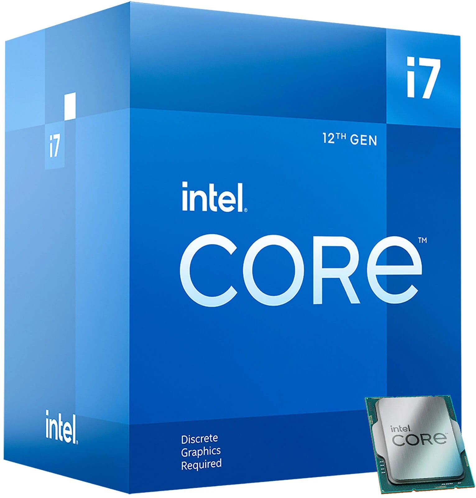 Una caja azul con un procesador Intel Core i7, con un chip de CPU en un lado.