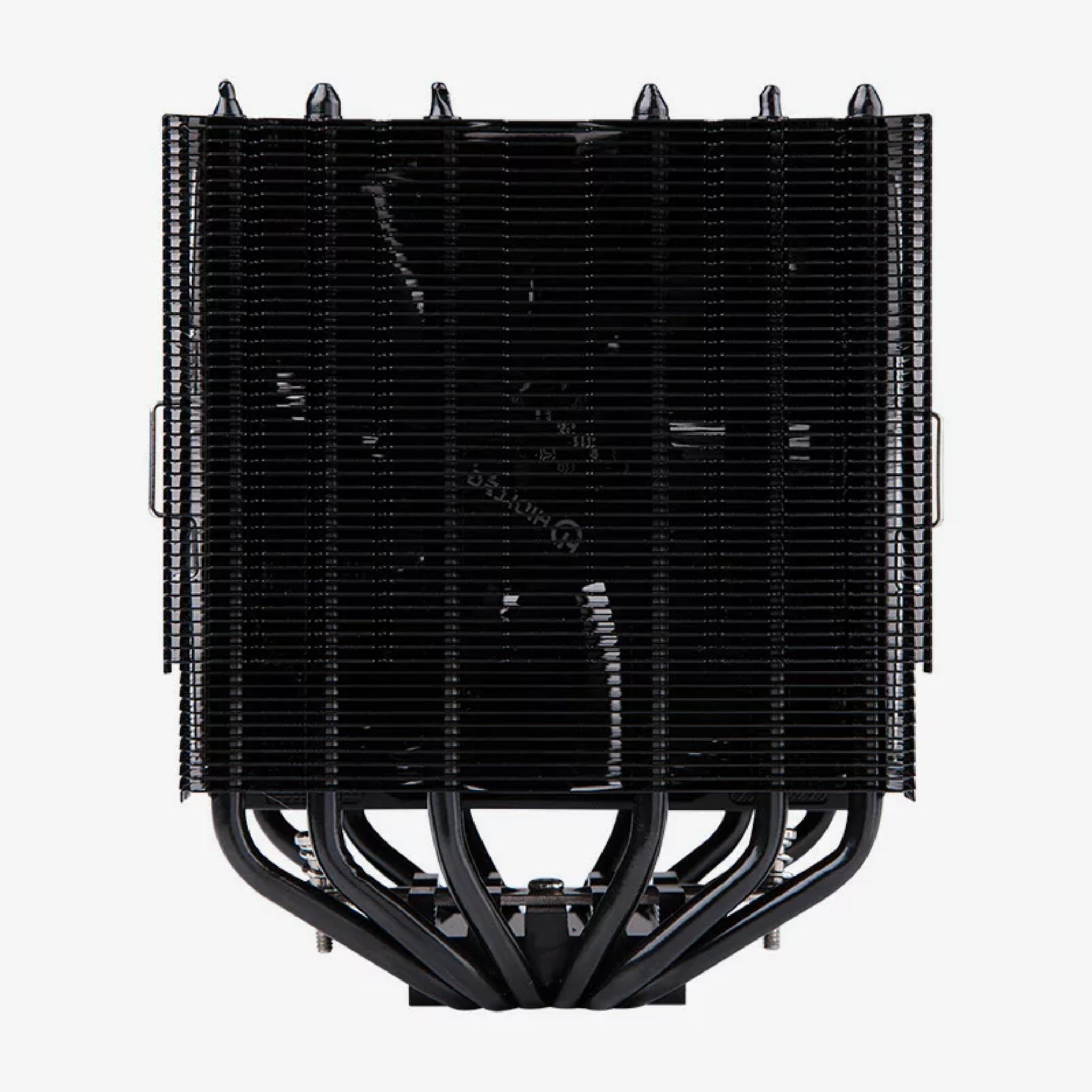 Czarny cooler CPU z wieloma żebrami i rurami.