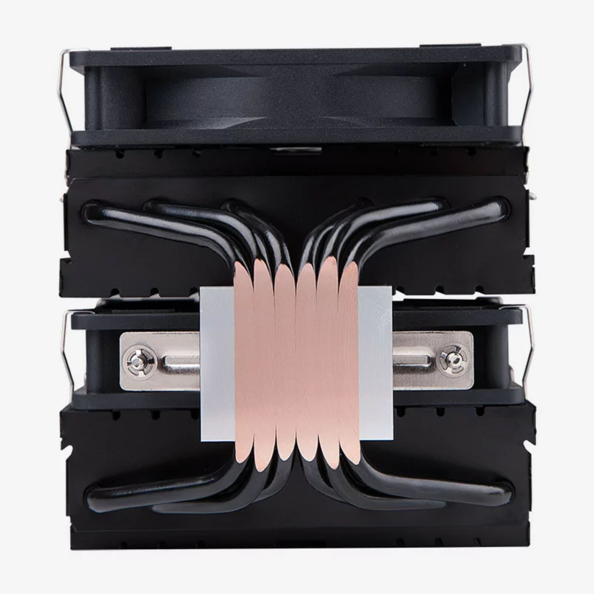 Chłodnica procesora komputera. Posiada dwa stosy żeber, wentylator i miedziane rurki cieplne.