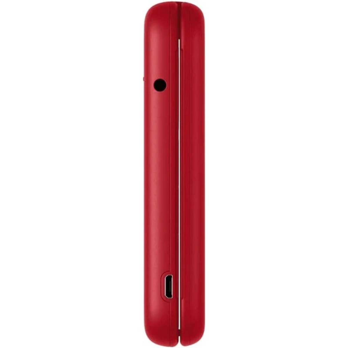 Un teléfono plegable rojo con puerto de carga y orificio para auriculares.