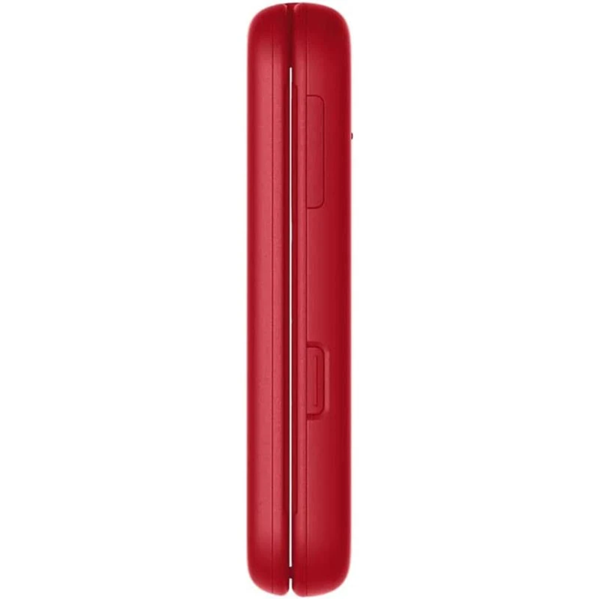 Teléfono plegable rojo, cerrado. Vista lateral mostrando el diseño cerrado y aerodinámico.