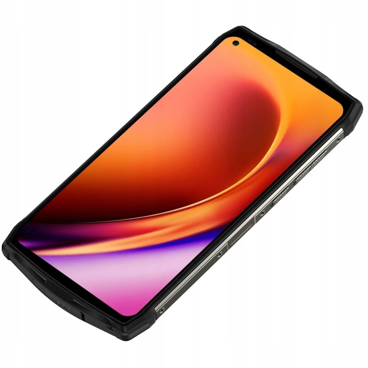 Czarny smartfon z pomarańczowo-fioletowym ekranem, perspektywa pod kątem.