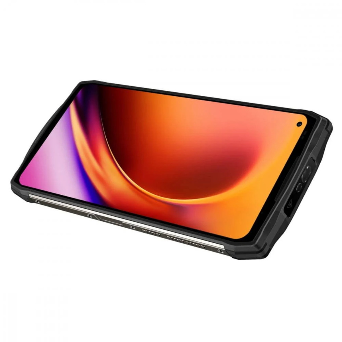 Czarny telefon w etui ochronnym. Ekran telefonu wyświetla żywą pomarańczowo-fioletową grafikę.