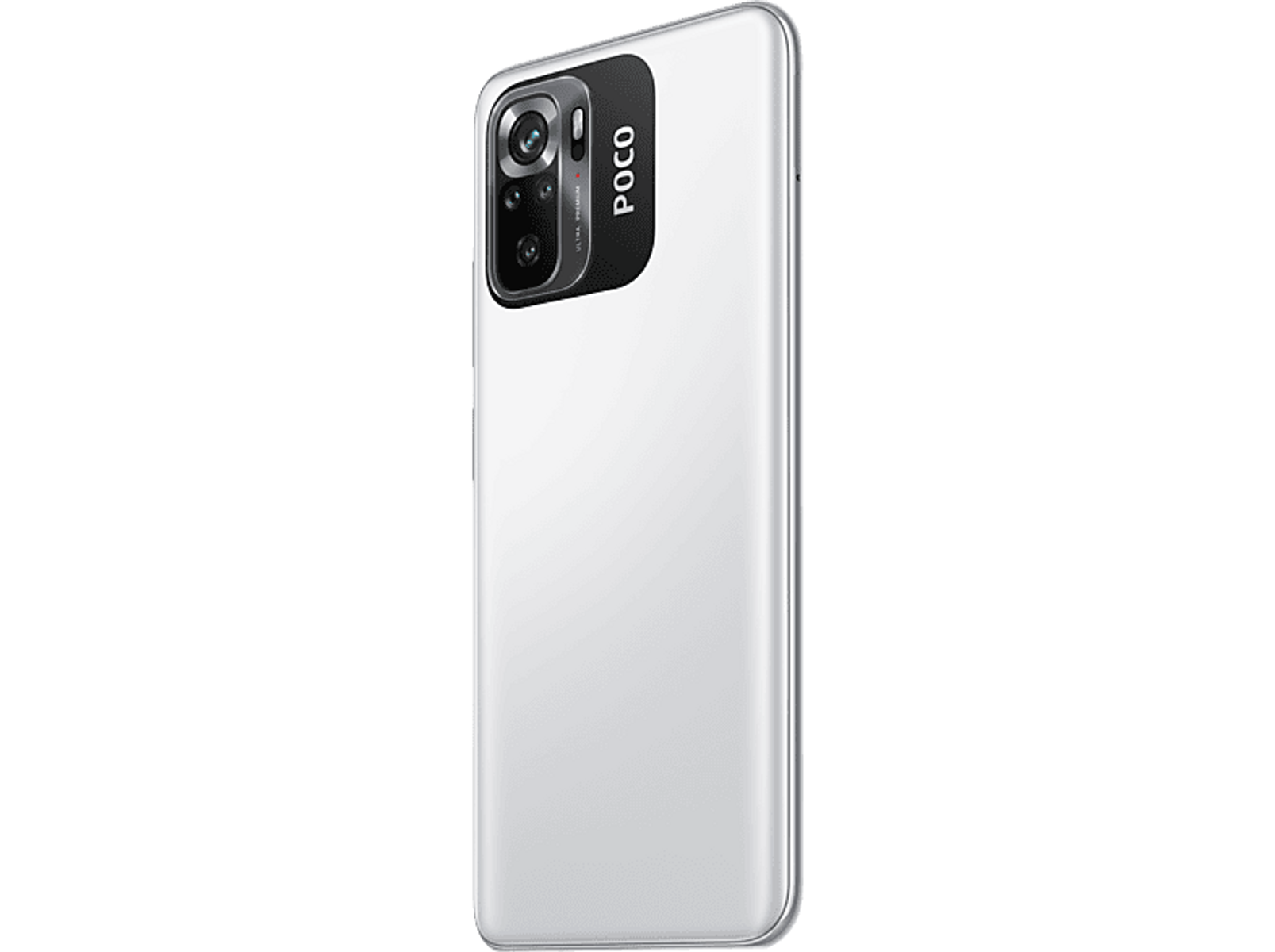 Biały smartfon Poco z czarnym modułem kamery z tyłu, na czarnym tle.