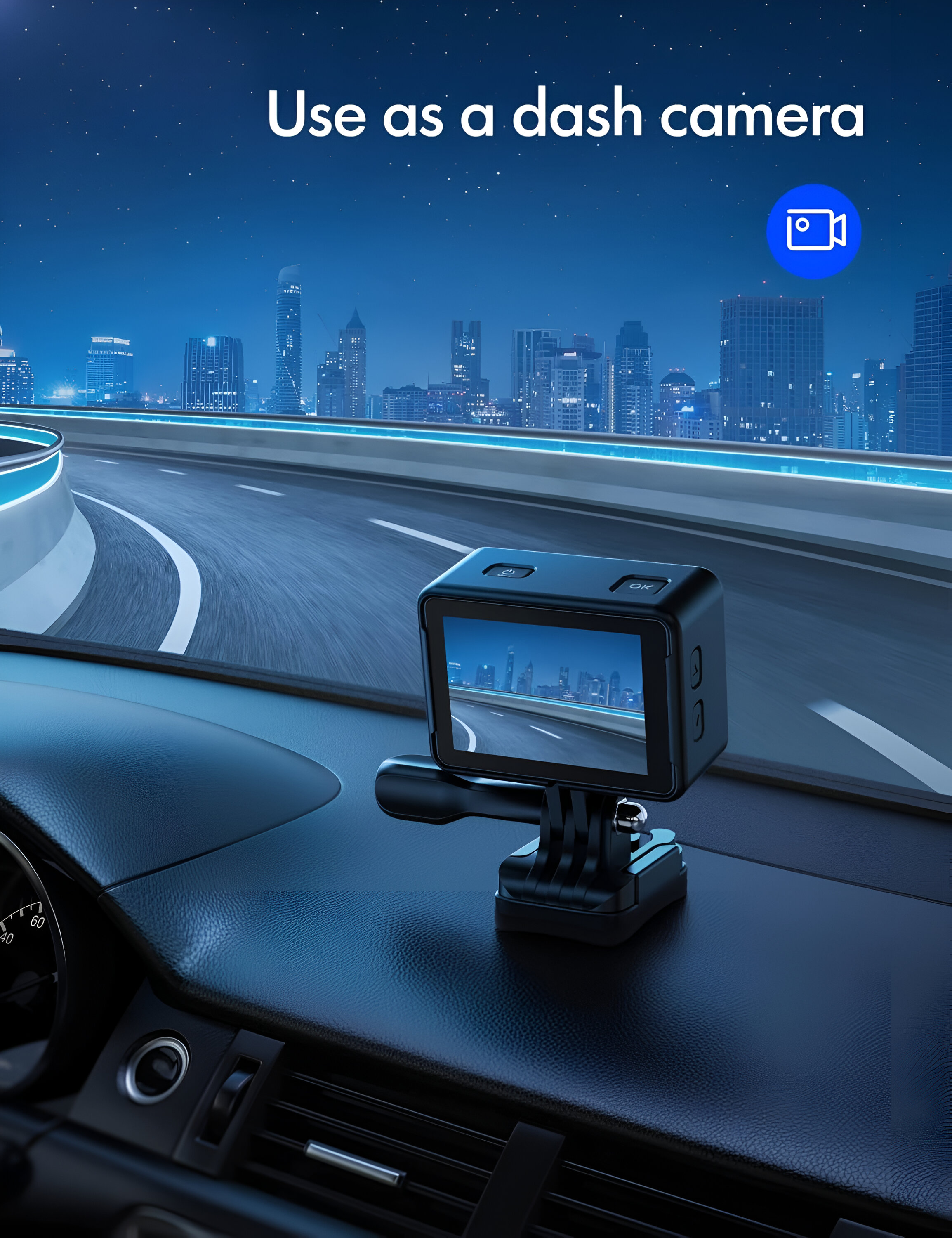 Schwarze Dashcam auf einem Armaturenbrett, mit Skyline-Reflexion.