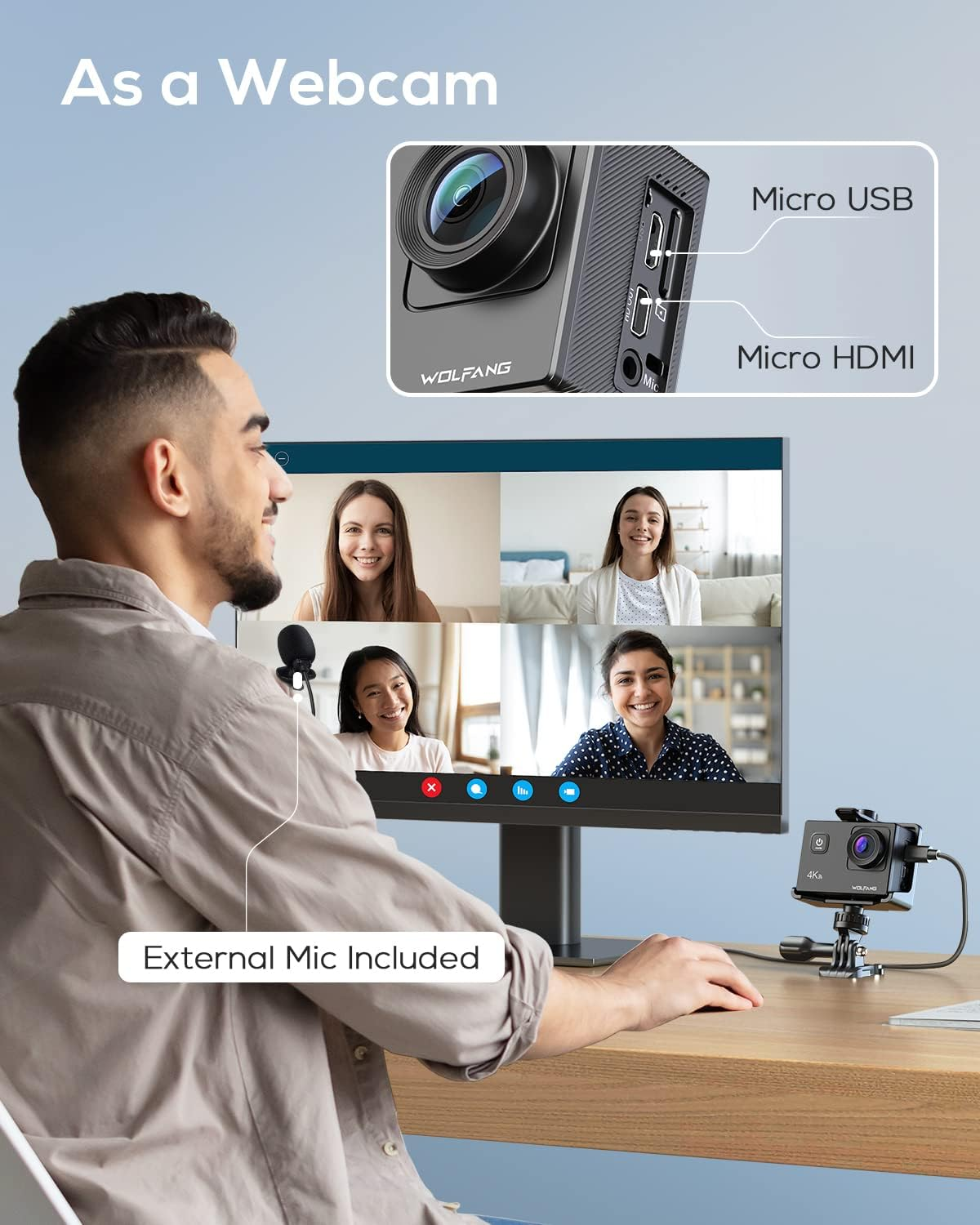Mann, der eine Webcam verwendet, mit einem Monitor, der einen Videoanruf zeigt.