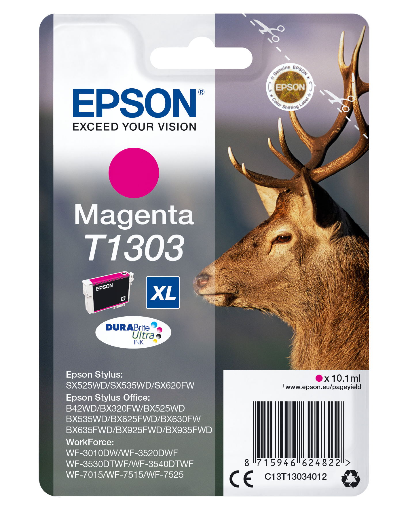 Magenta Tintenpatrone mit der Bezeichnung T1303 XL, mit einer Hirschillustration.