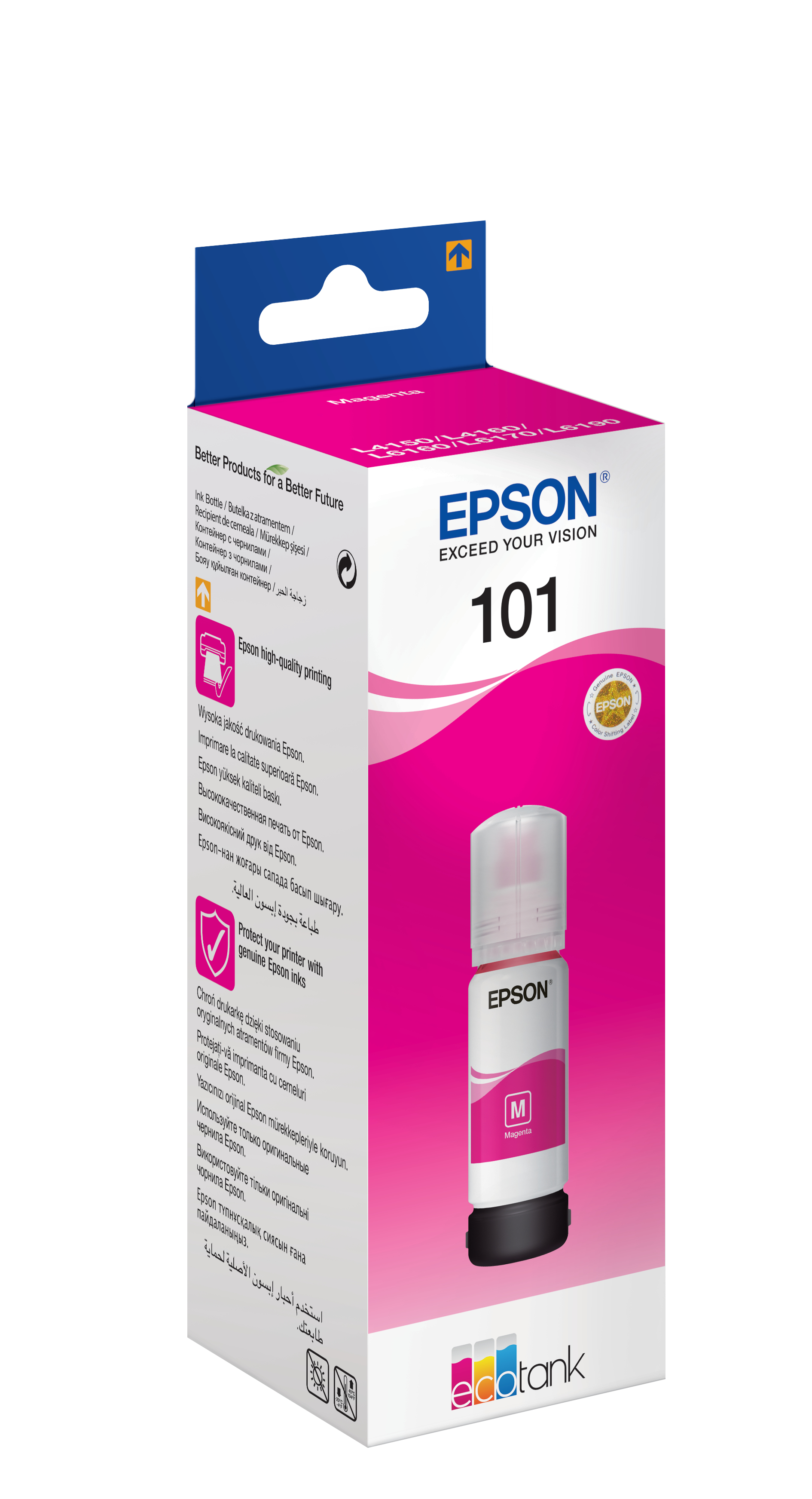 Roze Epson inktcartridge doos. De doos heeft een roze en wit ontwerp.