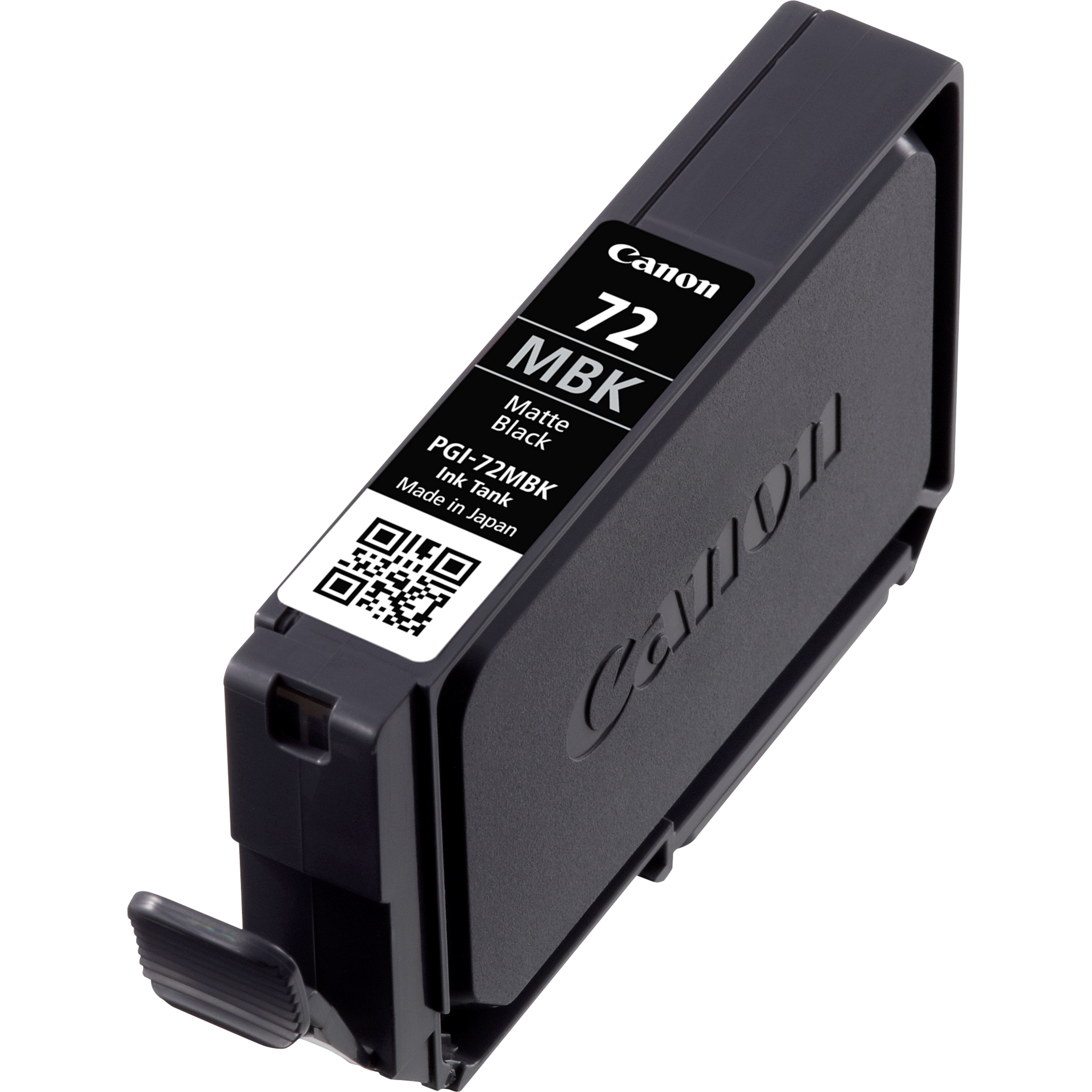 Een zwarte Canon inktcartridge met een wit label.